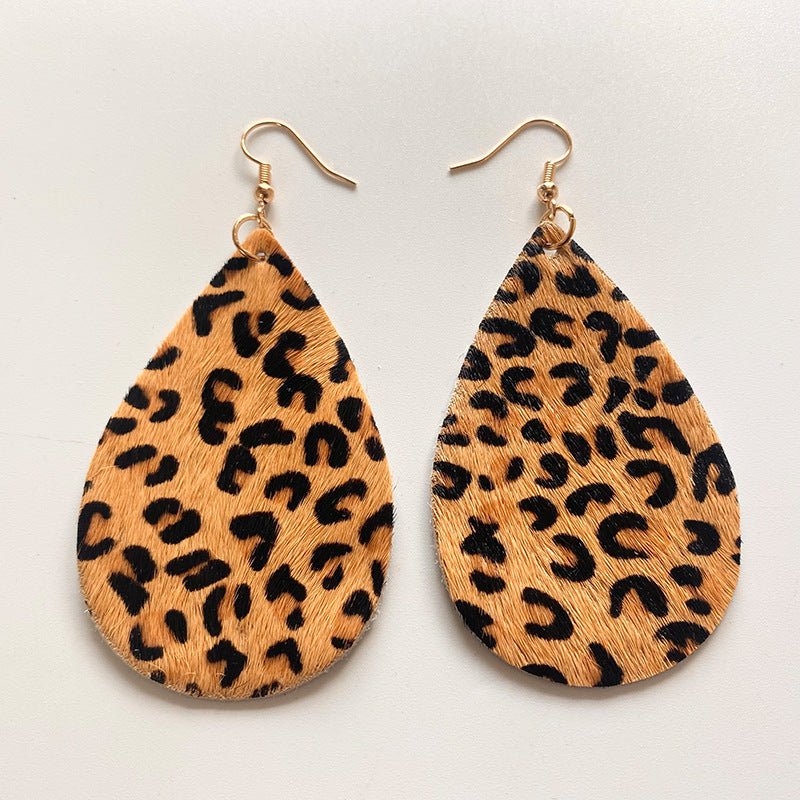 Wholesale 2pcs Cow Grain Leather Top Layer Cowhide Round Water Droplet Cow Head Retro Horsehair Quality Texture Fashionable Earrings